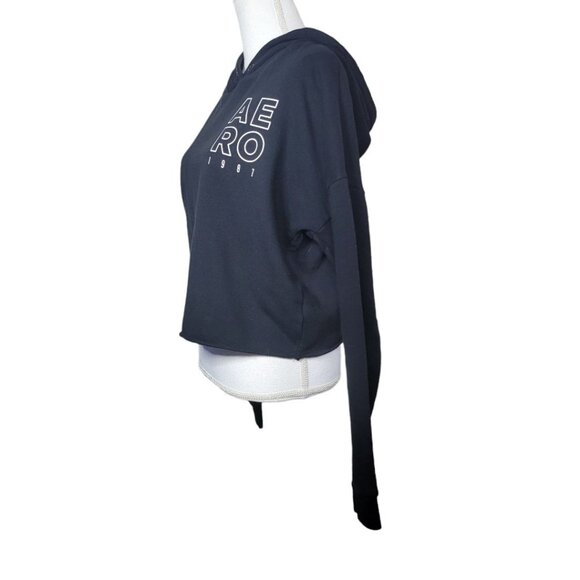 Aeropostale Sweatshirt Cropped Raw Edge Hem Black Hoodie Womens Medium - Picture 4 of 8